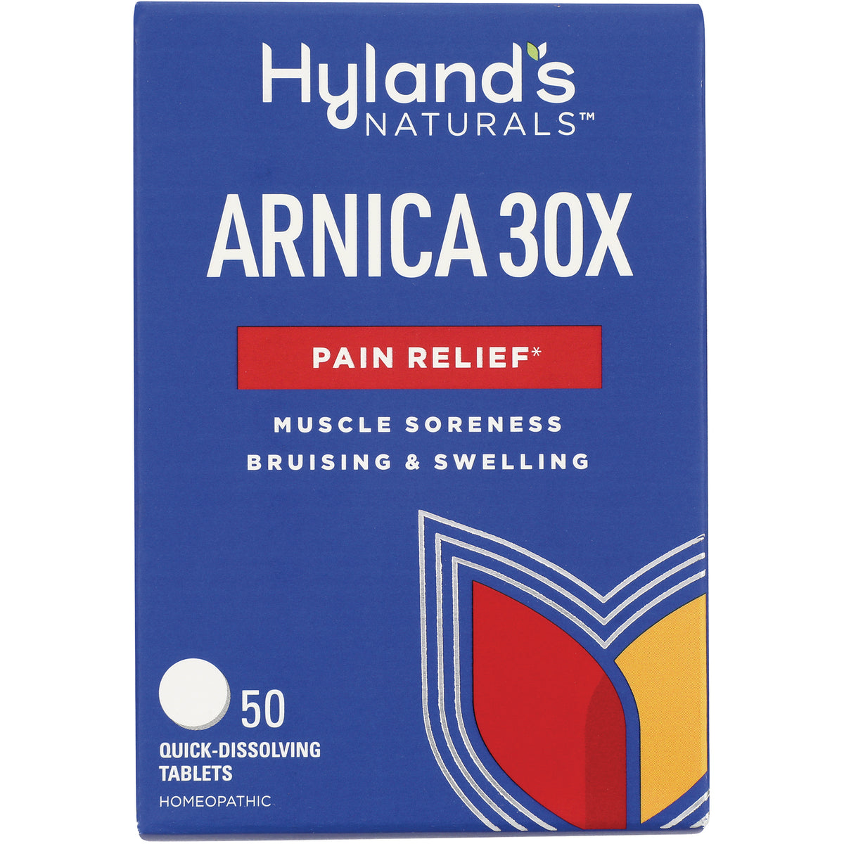 HY244 | Hyland's Naturals Arnica 30X front box showing pain relief label and 50 quick-dissolving tablets