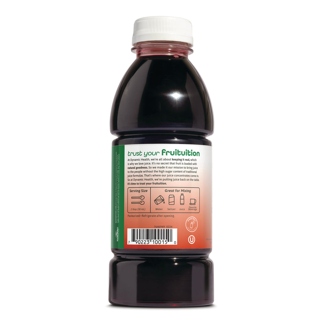 DYH057 | Back label of dark juice bottle showing serving size, mixing icons, barcode and refrigeration info - Thumbnail