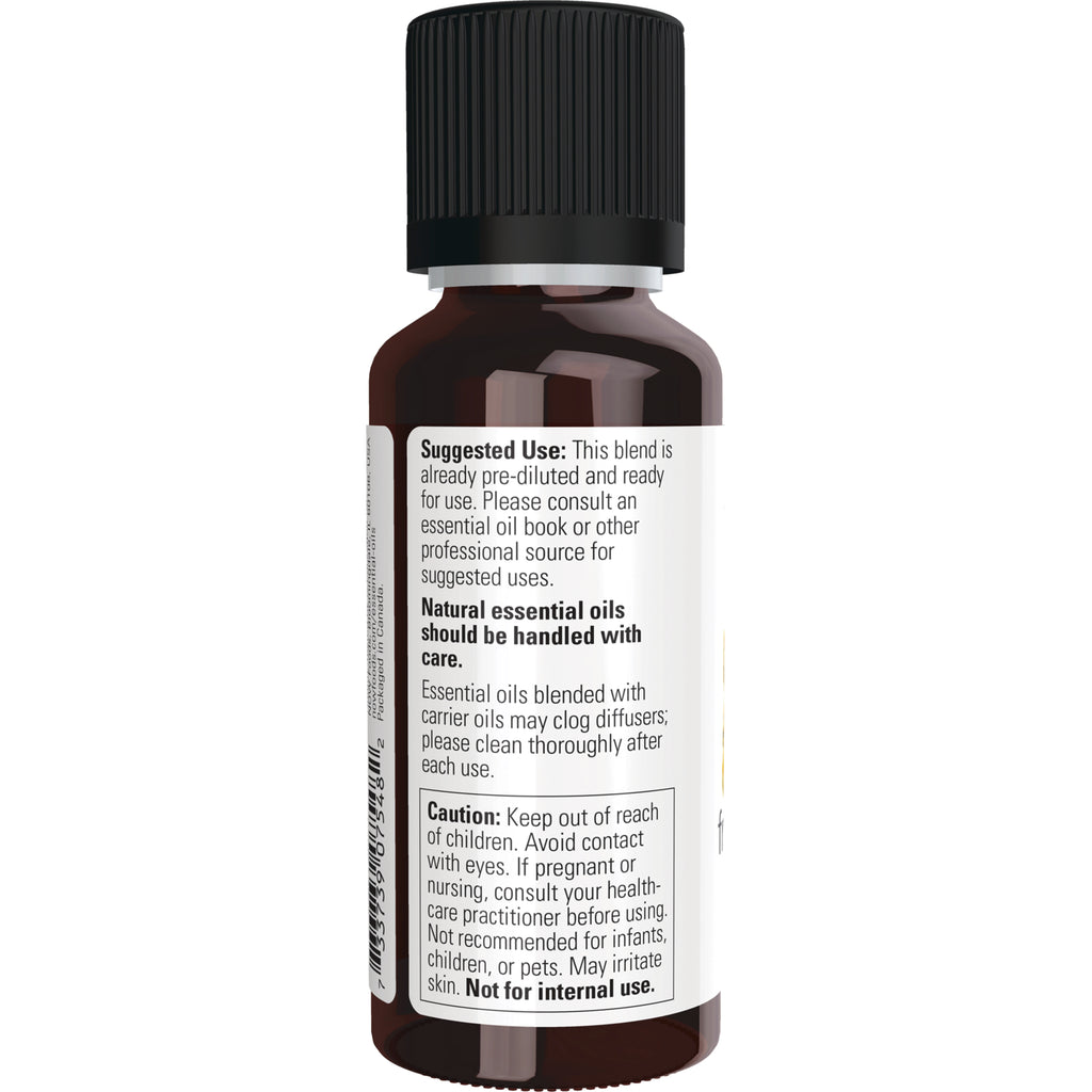 NWF605 | Back label of amber essential oil bottle showing suggested use, caution text and partial barcode - Thumbnail