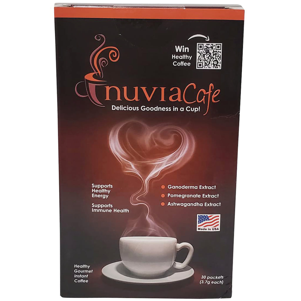 NVC002 | Front of NuviaCafe coffee box showing cup with heart-shaped steam, product benefits and Made in USA label - Thumbnail