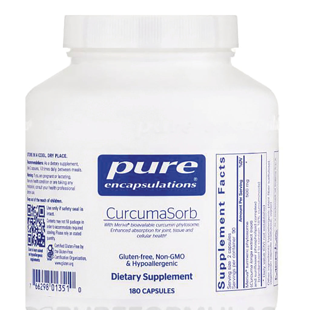 PRN170 | White supplement bottle front showing Pure Encapsulations CurcumaSorb label, 180 capsules gluten-free dietary supplement - Thumbnail