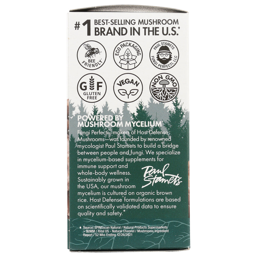 FUN008 | Back of Host Defense mushroom supplement box showing certification badges and product description text - Thumbnail