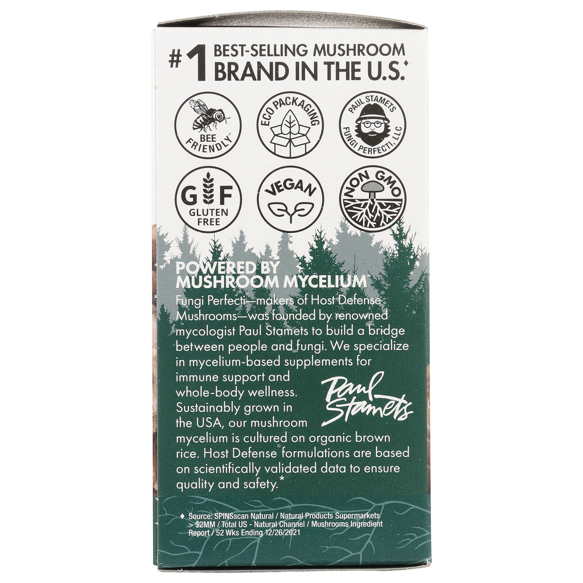 FUN008 | Back of Host Defense mushroom supplement box showing certification badges and product description text