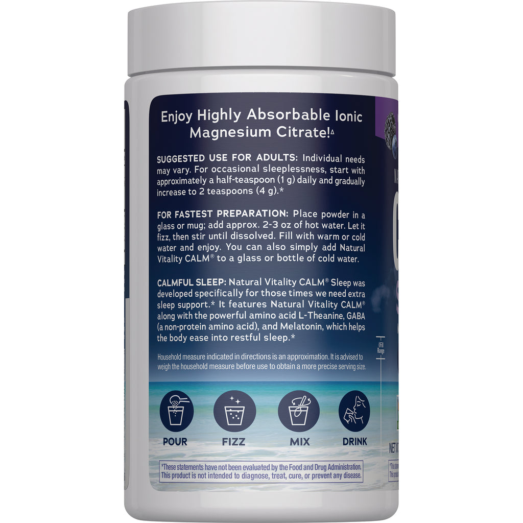 NVT071 | Back label of Calm magnesium citrate powder jar showing suggested use, preparation instructions, and pour, fizz, mix, drink icons - Thumbnail