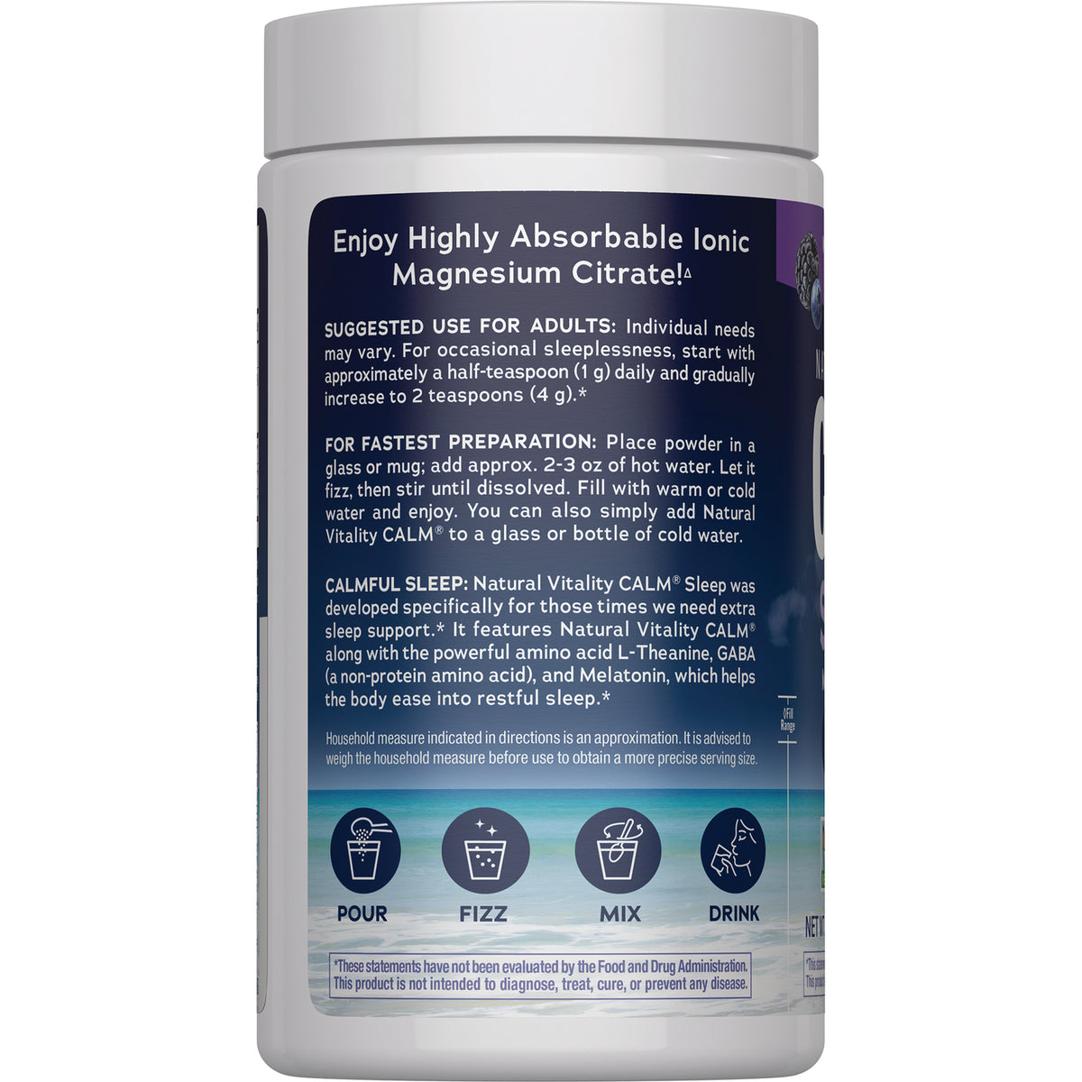 NVT071 | Back label of Calm magnesium citrate powder jar showing suggested use, preparation instructions, and pour, fizz, mix, drink icons