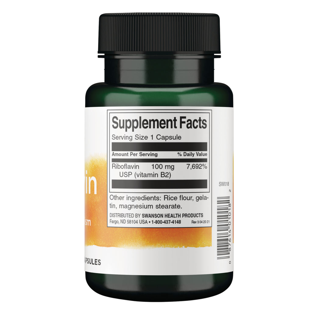 SW018 | Back of bottle showing Supplement Facts for Riboflavin 100 mg, serving size 1 capsule - Thumbnail