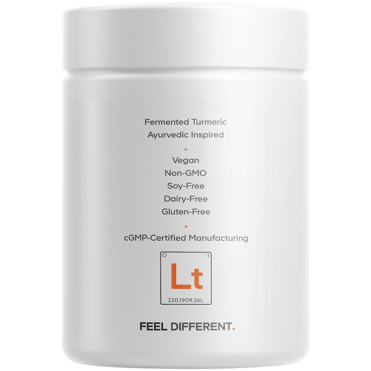CDG014 | Back of white supplement jar showing claims Vegan, Non-GMO, Soy-Free, Dairy-Free, Gluten-Free and cGMP certified with Lt logo