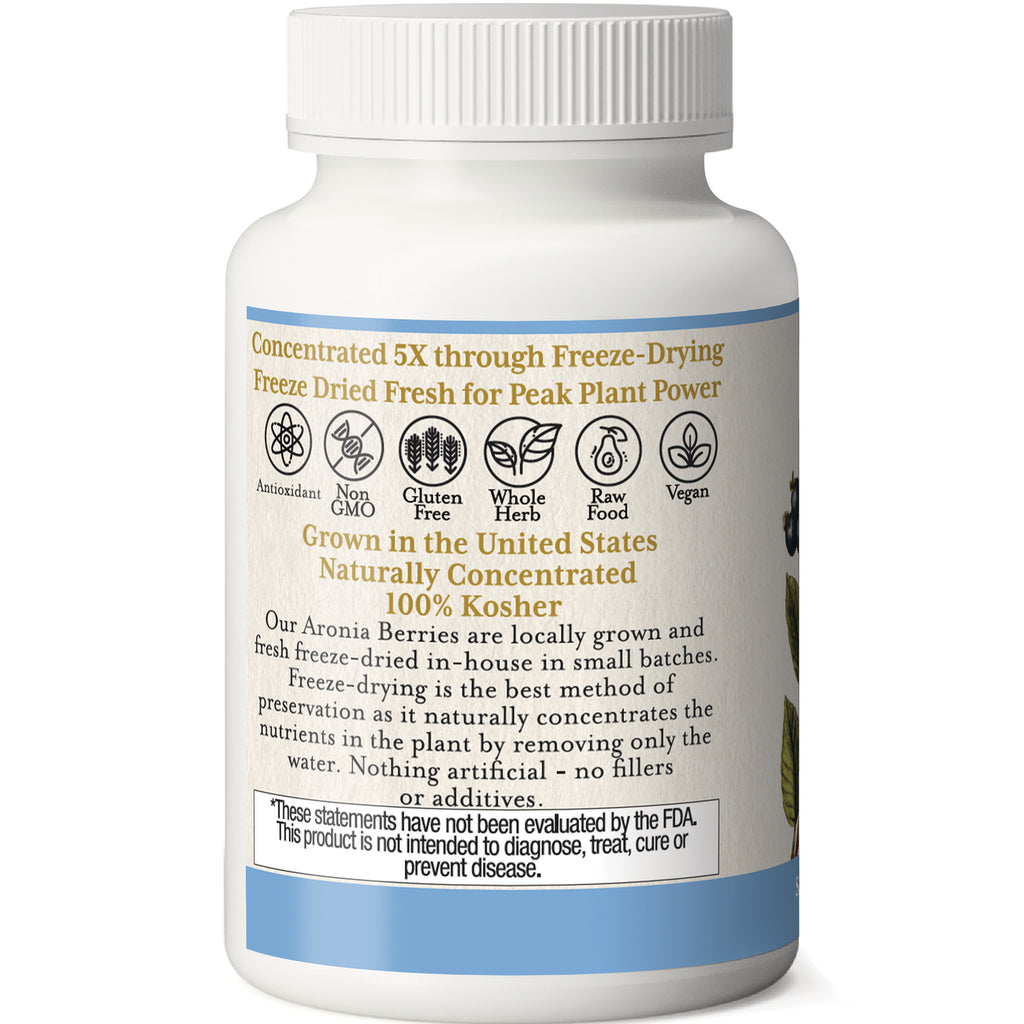 EC019 | back label of white supplement bottle showing freeze-dried claims, benefit icons (antioxidant, non-GMO, gluten free, vegan), kosher statement and FDA disclaimer - Thumbnail
