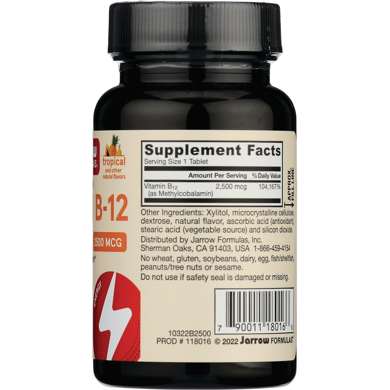 JR335 | back label of B-12 supplement bottle showing Supplement Facts, ingredients, and barcode