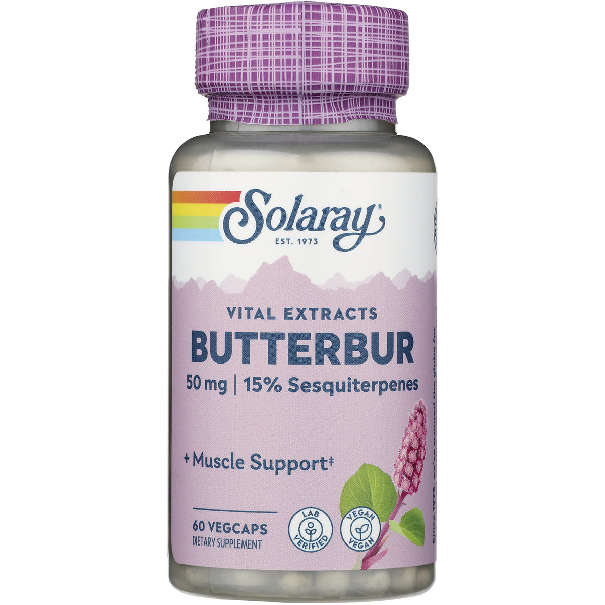 SLR444 | Solaray Butterbur 50 mg 15% Sesquiterpenes supplement bottle front label, 60 vegcaps