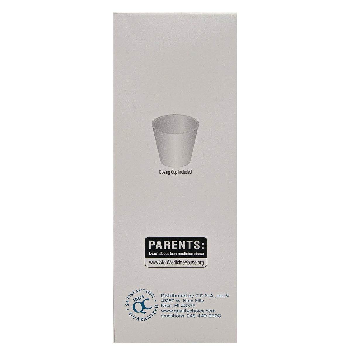 QCH021 | back of tall product box showing dosing cup illustration, PARENTS warning and distributor contact info