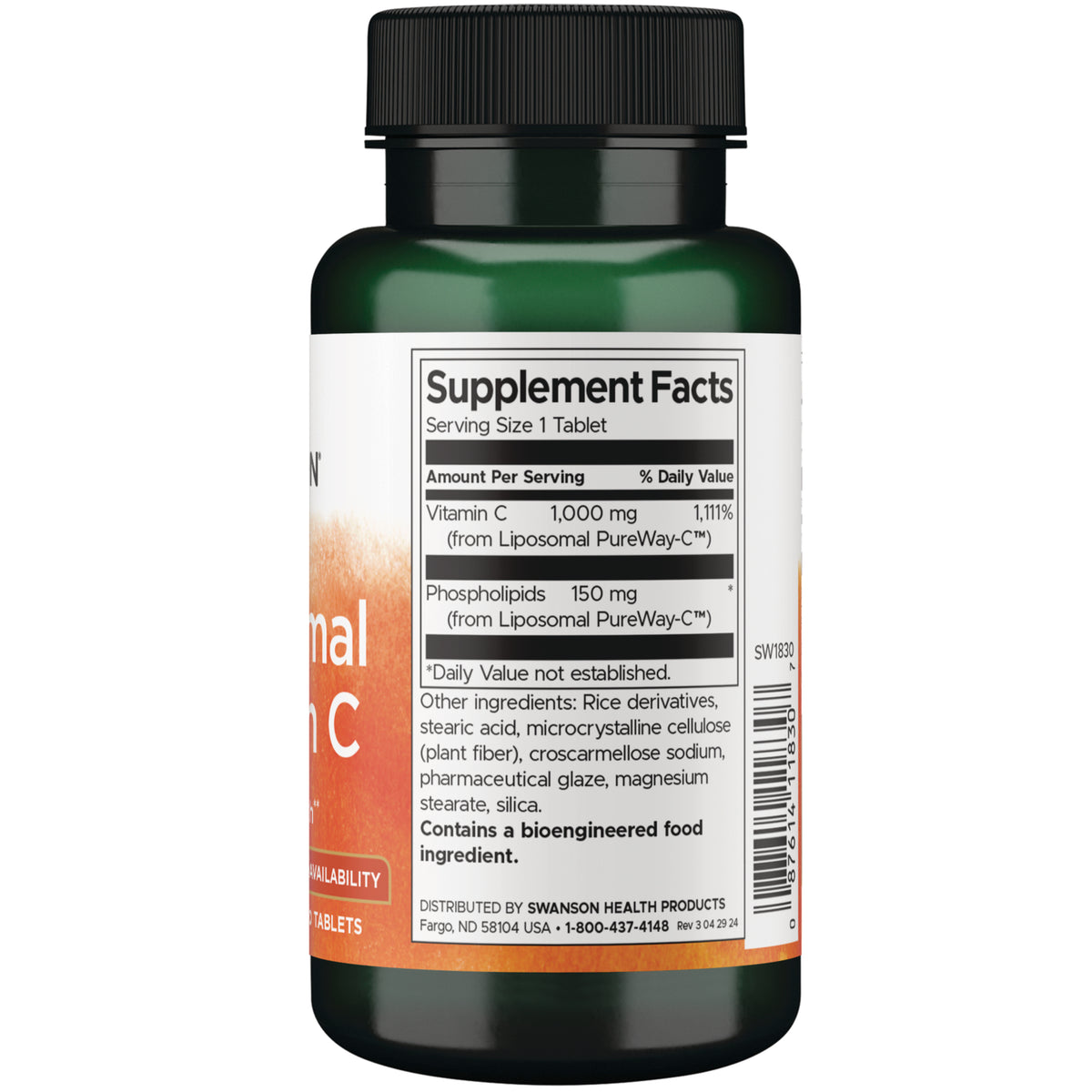 SW1830 | Back label with Supplement Facts: Vitamin C 1,000 mg and phospholipids 150 mg, barcode and ingredients
