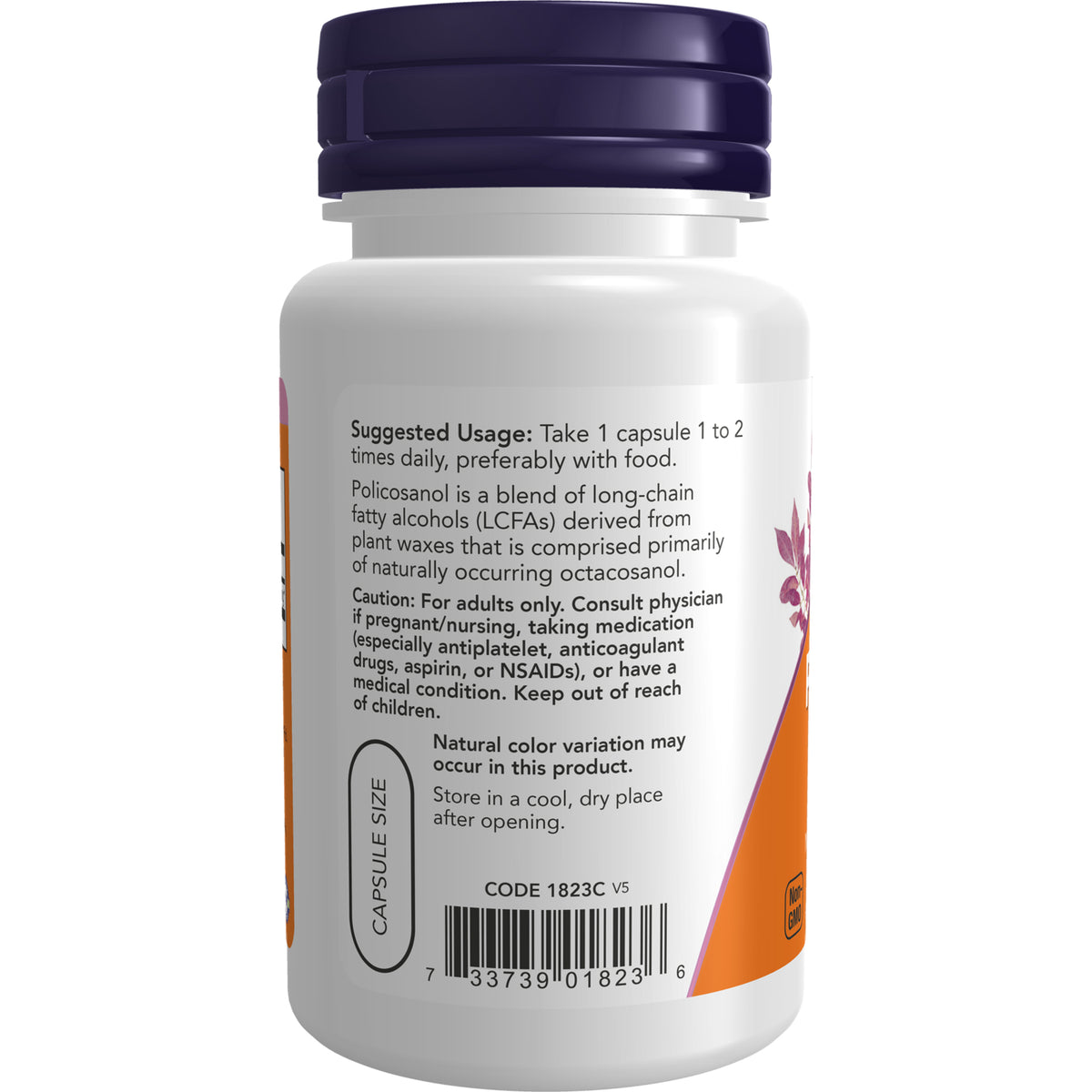 NWF342 | Back label of white supplement bottle showing suggested usage, caution text, capsule size icon and barcode