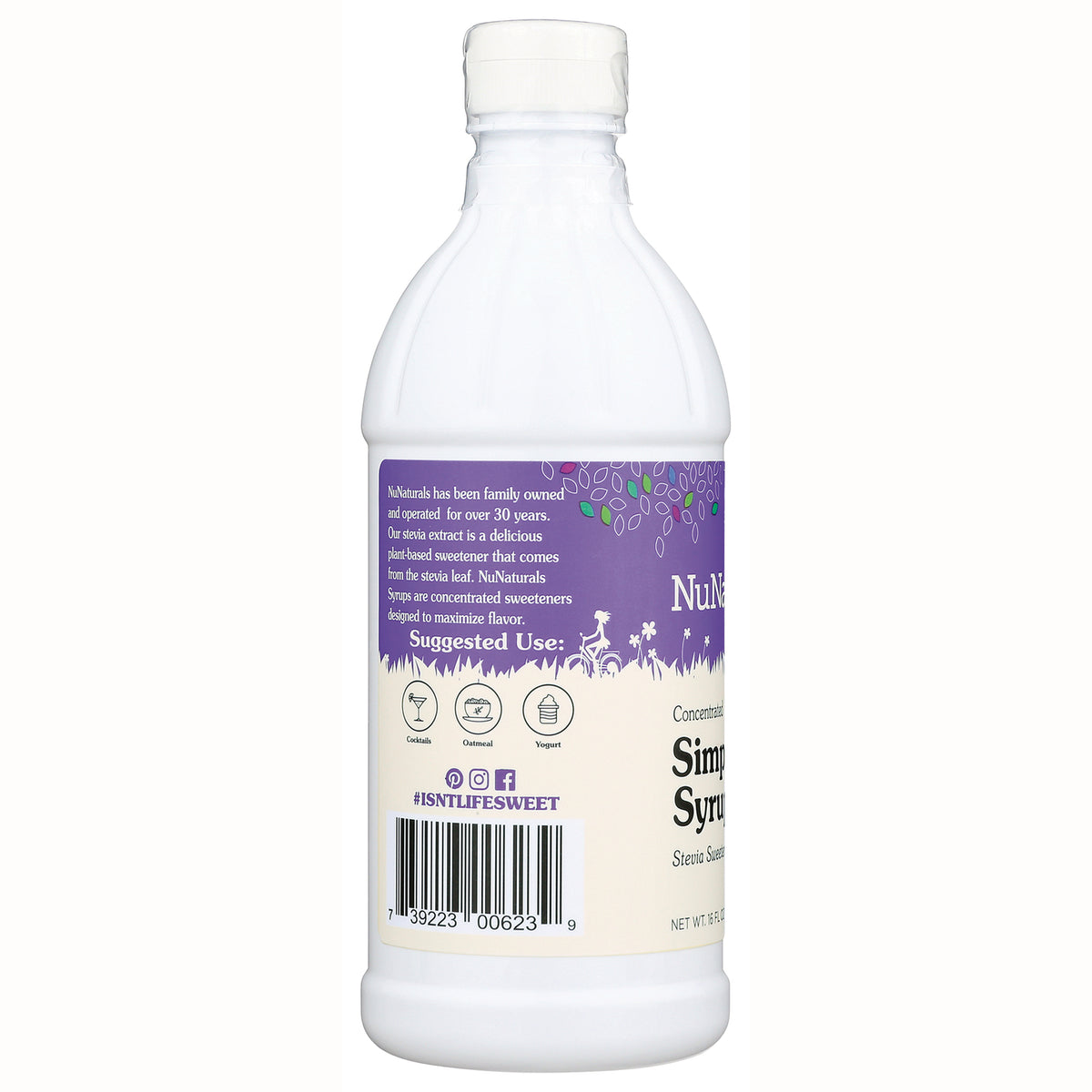 NN054 | back label of white syrup bottle showing purple panel with suggested use icons, text, and barcode