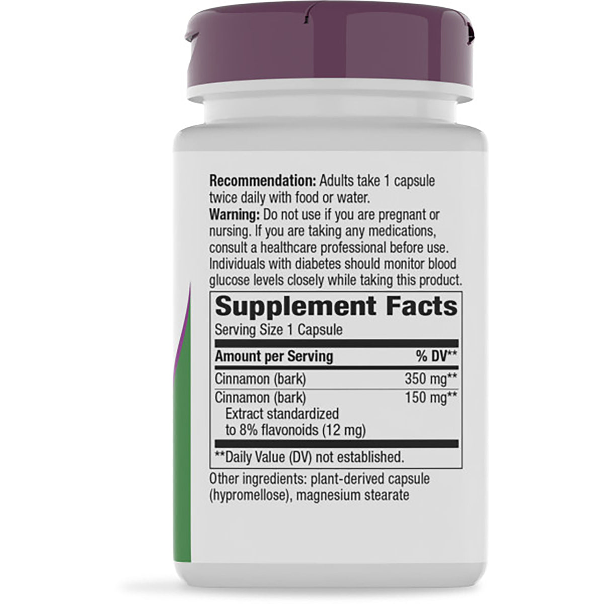 NW785 | Back of brown supplement bottle showing Supplement Facts panel and directions, cinnamon ingredient listing