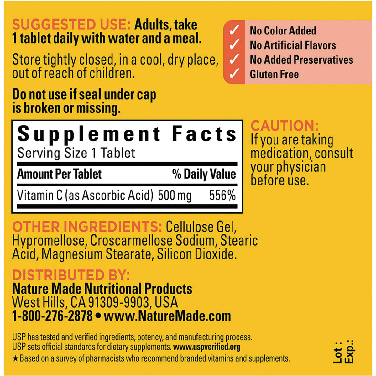 NTM051 | Back label showing Supplement Facts listing Vitamin C (as Ascorbic Acid) 500 mg 556%, suggested use, other ingredients, and distributor info