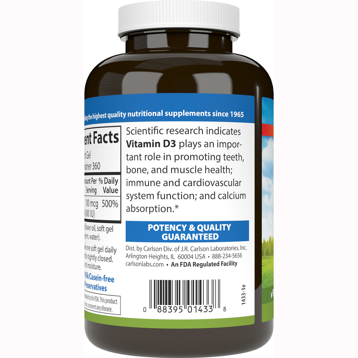 CSN231 | Back label of brown supplement bottle showing Vitamin D3 description, POTENCY & QUALITY GUARANTEED banner and barcode