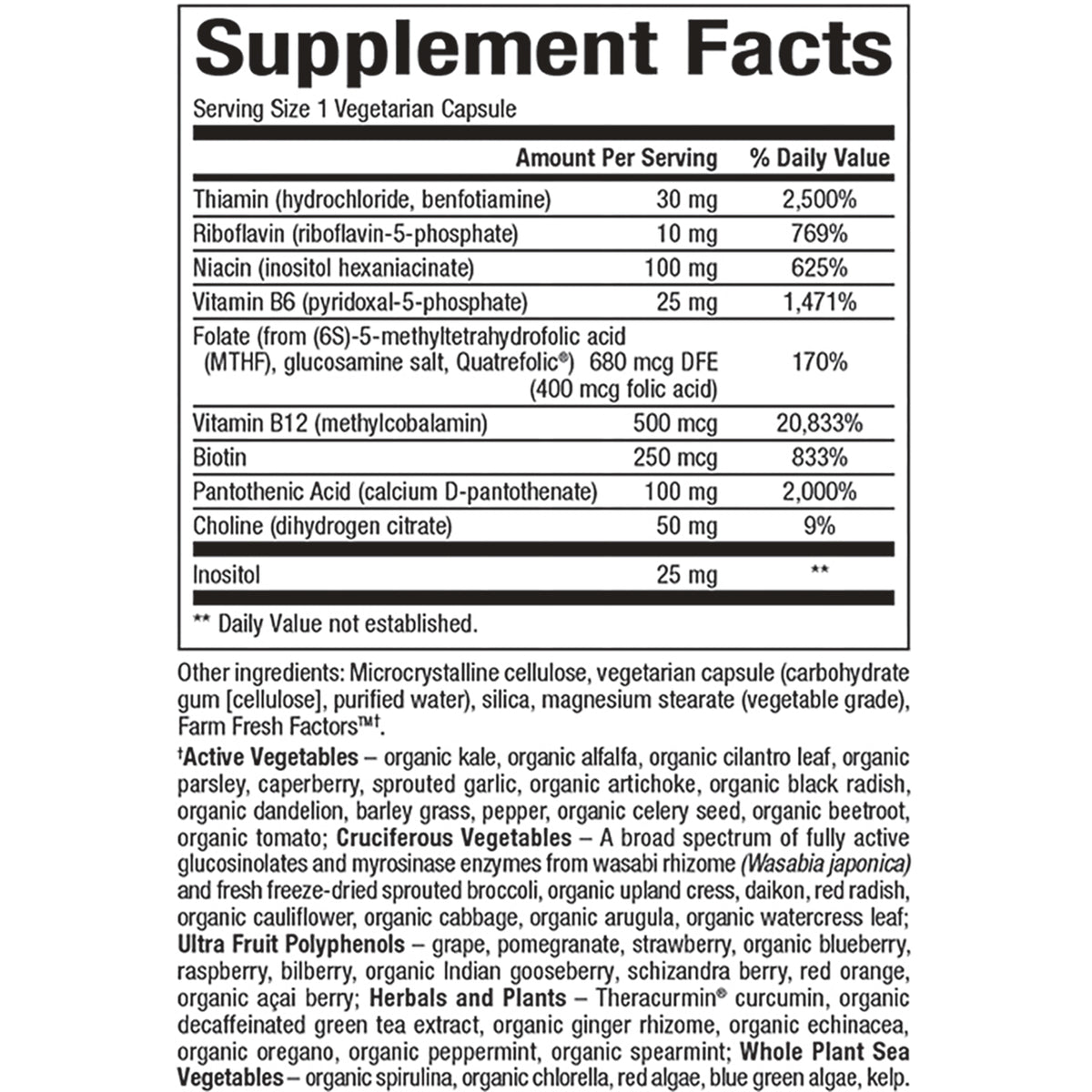 NFC213 | Supplement Facts panel with vitamins, amounts per serving and other ingredients list