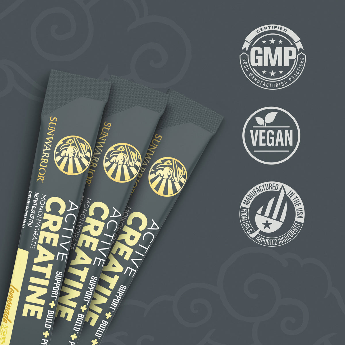 SNW065 | Sunwarrior Active Creatine stick packs with badges: Certified GMP, Vegan, Manufactured in the USA