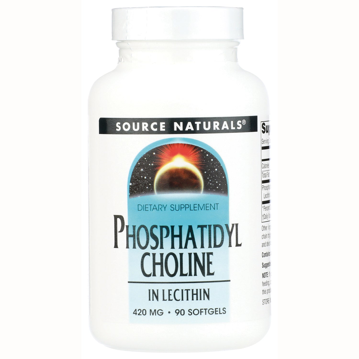 SN928 | Source Naturals Phosphatidyl Choline in Lecithin 420 mg, 90 softgels dietary supplement bottle