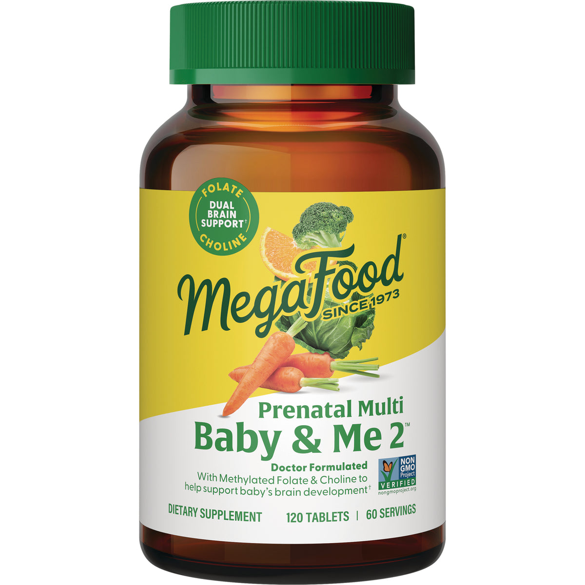 MGF069 | MegaFood Baby & Me 2 prenatal multi bottle with green cap and carrots and broccoli on label