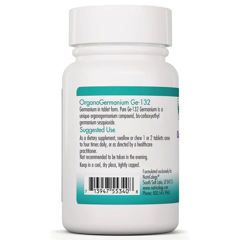 NCL100 | Back of white supplement bottle showing OrganoGermanium Ge-132 label, suggested use text and barcode - Thumbnail