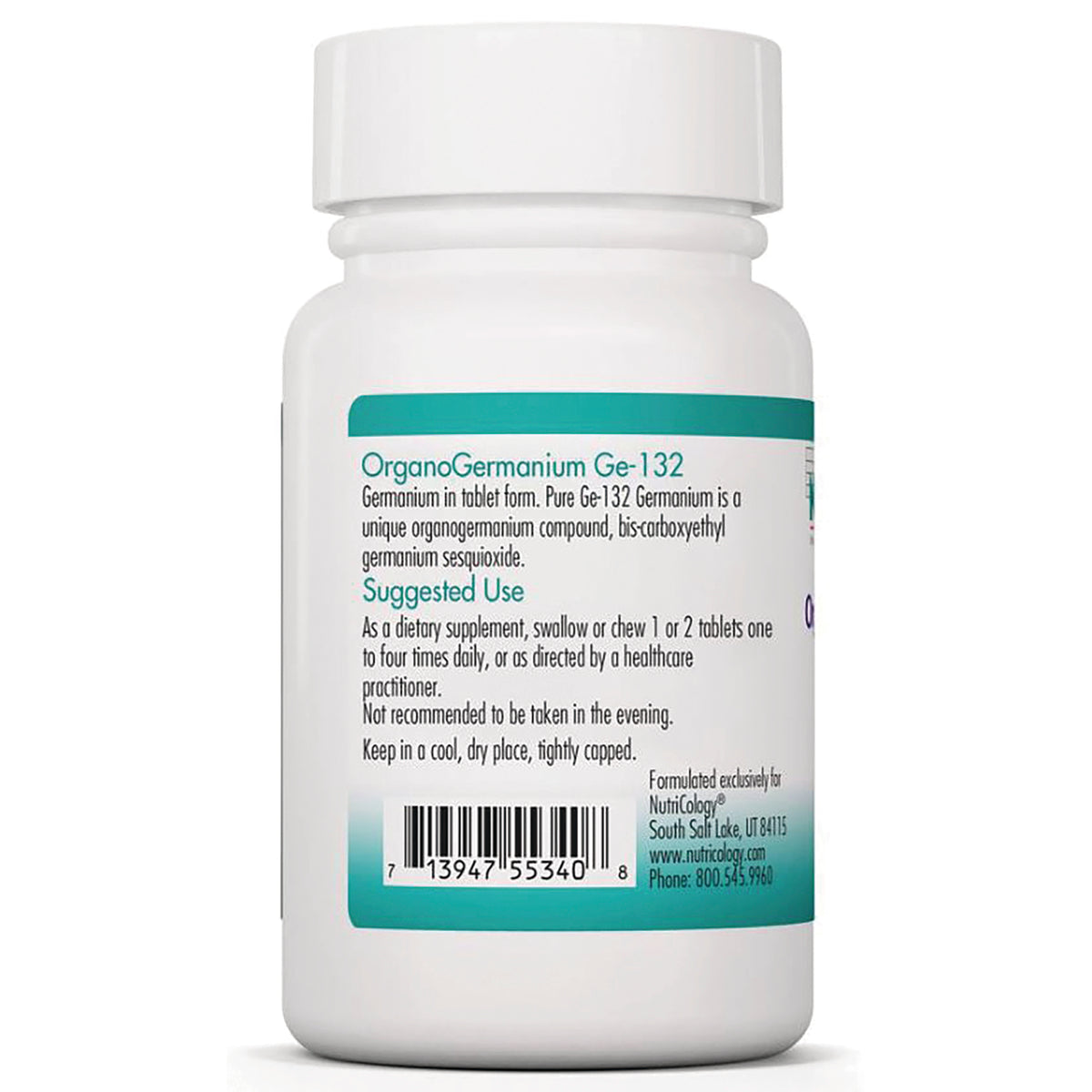 NCL100 | Back of white supplement bottle showing OrganoGermanium Ge-132 label, suggested use text and barcode