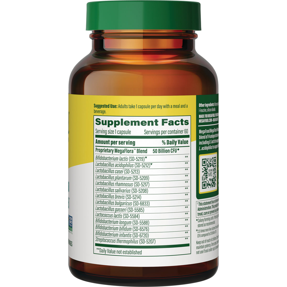 MGF061 | Amber supplement bottle back showing Supplement Facts panel listing probiotic strains and serving info