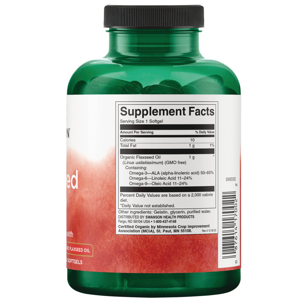SWE002 | Back of flaxseed oil softgels bottle showing Supplement Facts panel and ingredients - Thumbnail