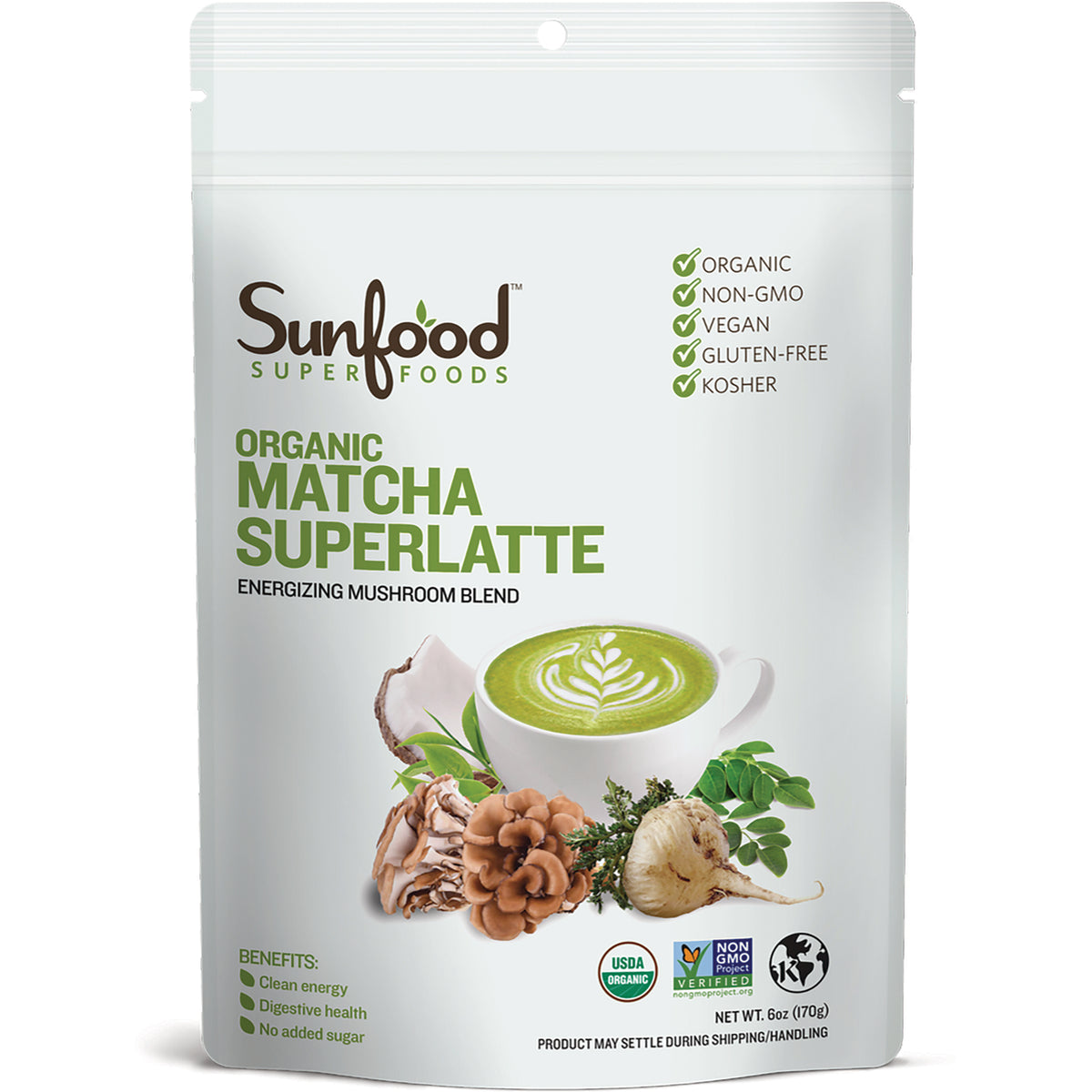 SNF024 | Sunfood Superfoods Organic Matcha Superlatte, energizing mushroom blend powder, 6 oz pouch; organic, non-GMO, vegan