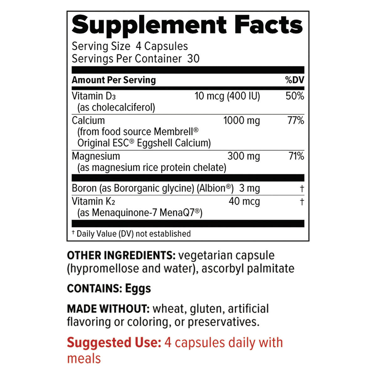 RED019 | supplement facts panel: serving size 4 capsules, calcium 1000 mg, vitamin D3 10 mcg, other ingredients, contains eggs