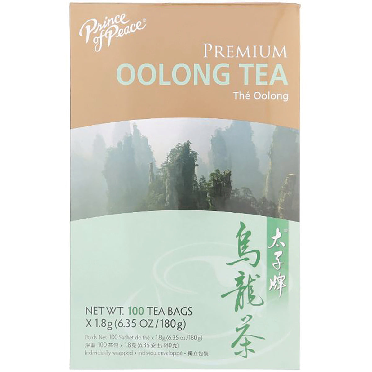 Prince of Peace Premium Oolong Tea box with mountain artwork, labeled NET WT. 100 TEA BAGS 6.35 OZ/180g