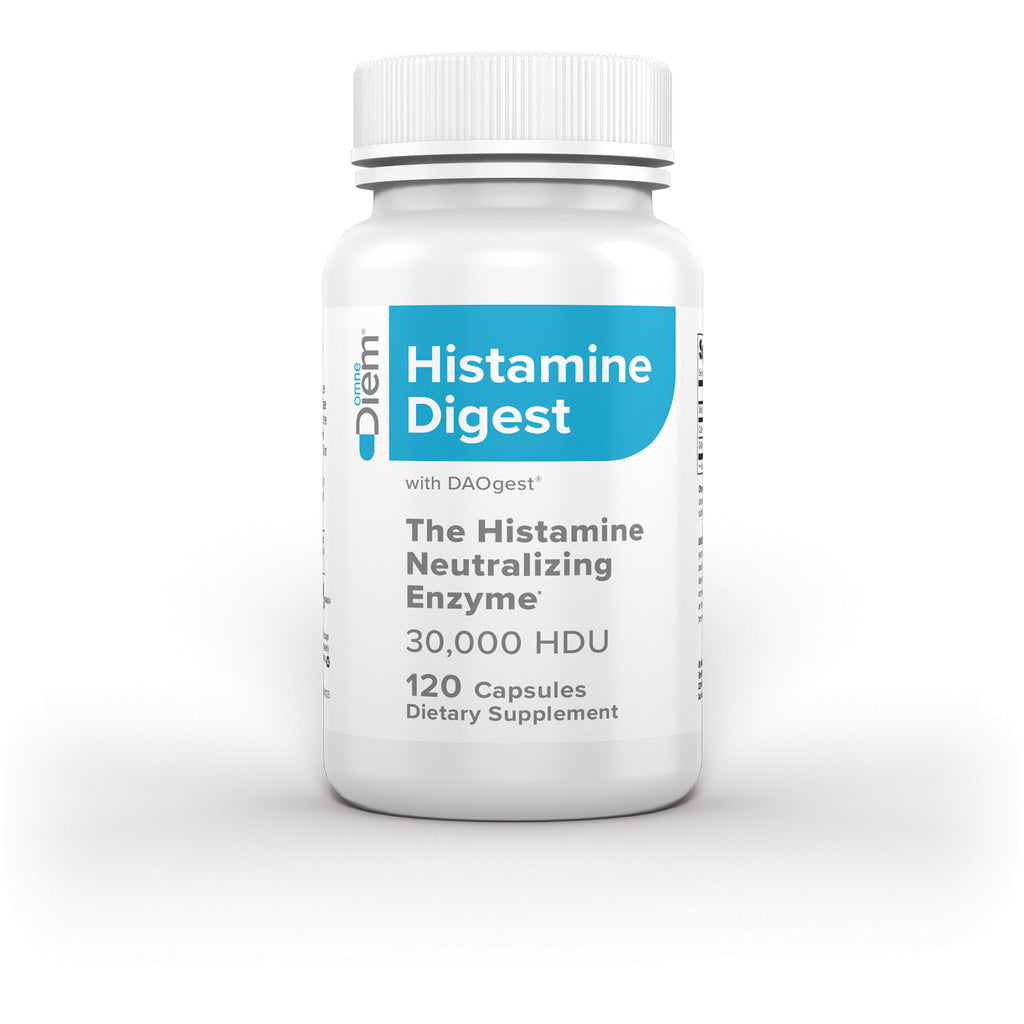DIM010 | white supplement bottle labeled Histamine Digest The Histamine Neutralizing Enzyme 30,000 HDU 120 Capsules - Thumbnail