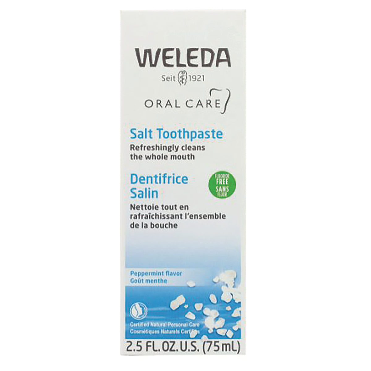 WEL006 | Weleda Salt Toothpaste box, Peppermint flavor, fluoride free, 2.5 fl oz (75 mL)