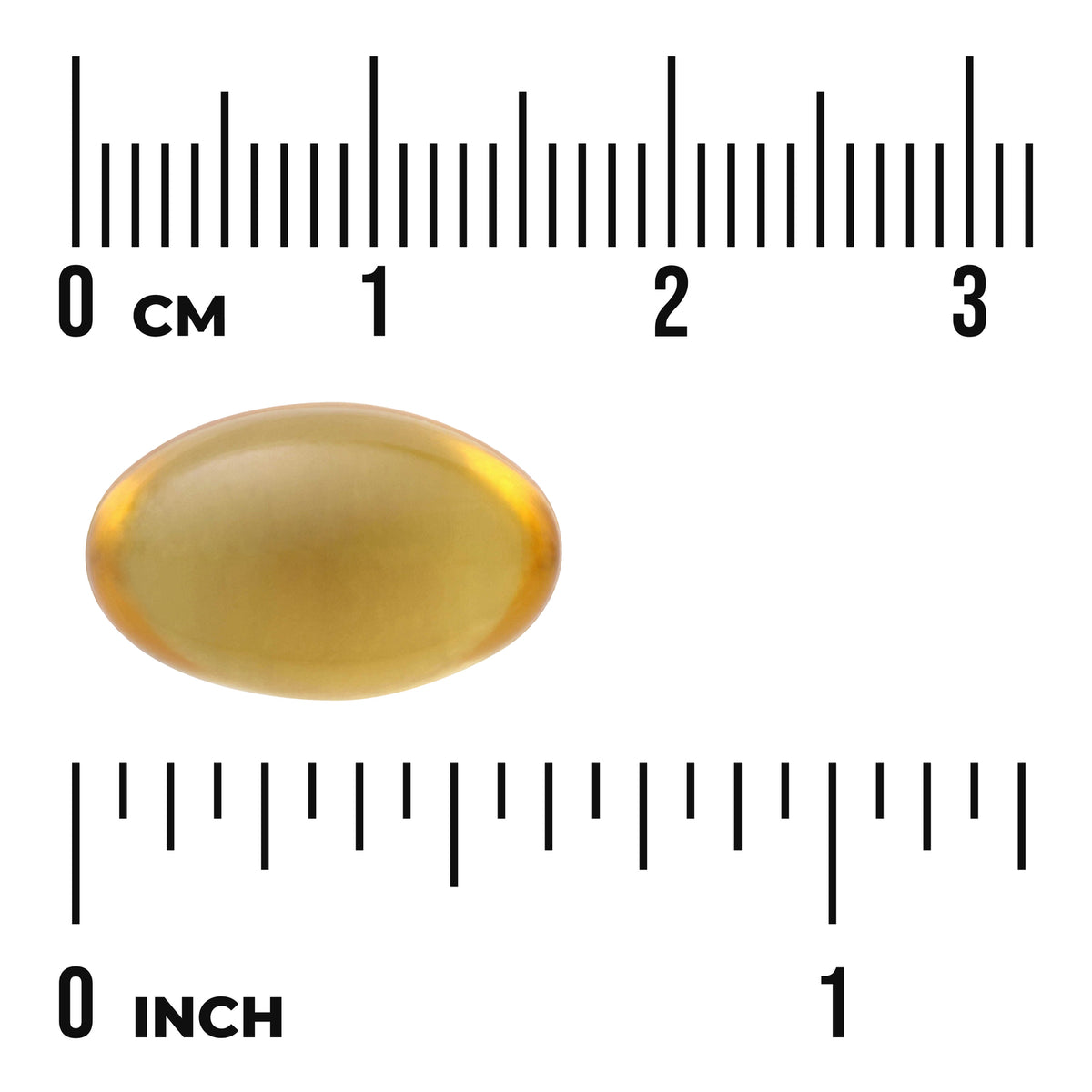 SW1865 | Golden oval softgel with size rulers in inches and centimeters