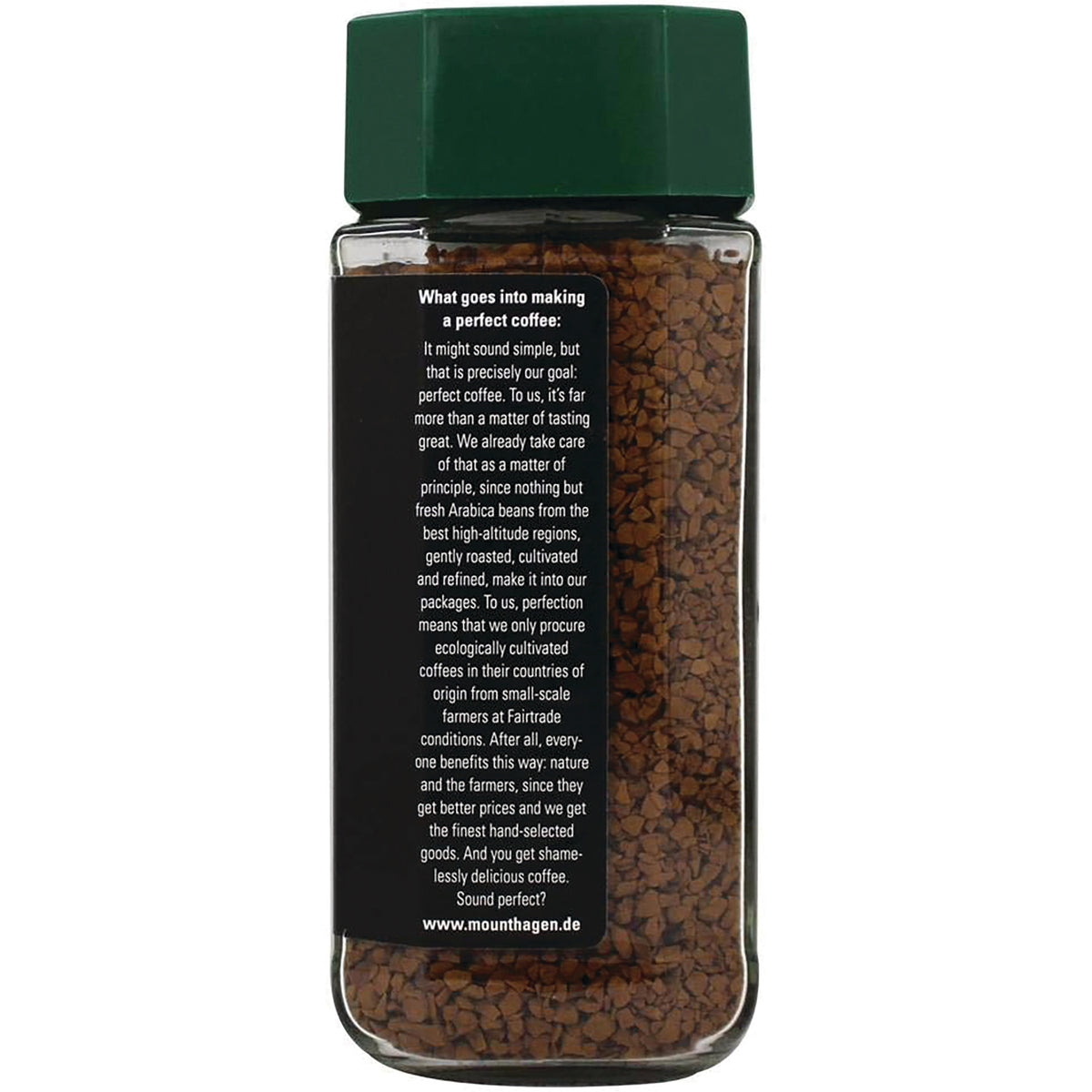 MTH005 | Back of glass jar of instant coffee showing black label text and visible coffee granules and www.mounthagen.de