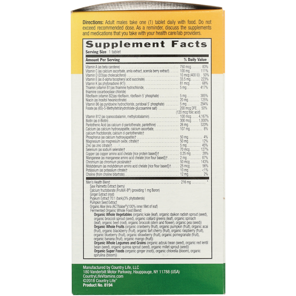 CRL529 | back panel showing Supplement Facts box with nutrition facts and ingredient list for a men's multivitamin - Thumbnail