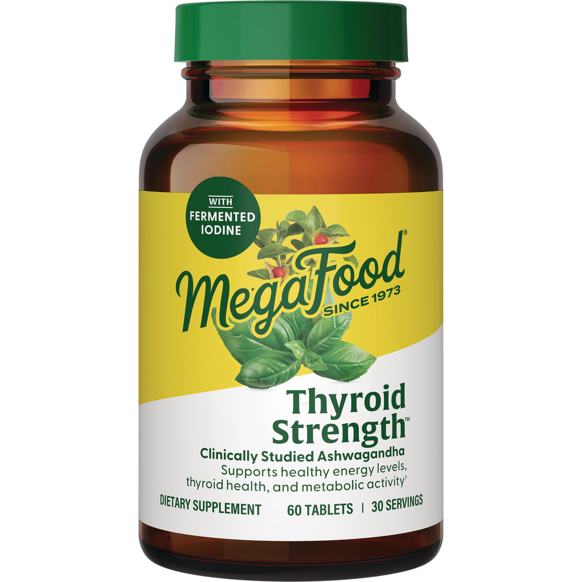 MGF030 | MegaFood Thyroid Strength dietary supplement bottle front label with fermented iodine, 60 tablets