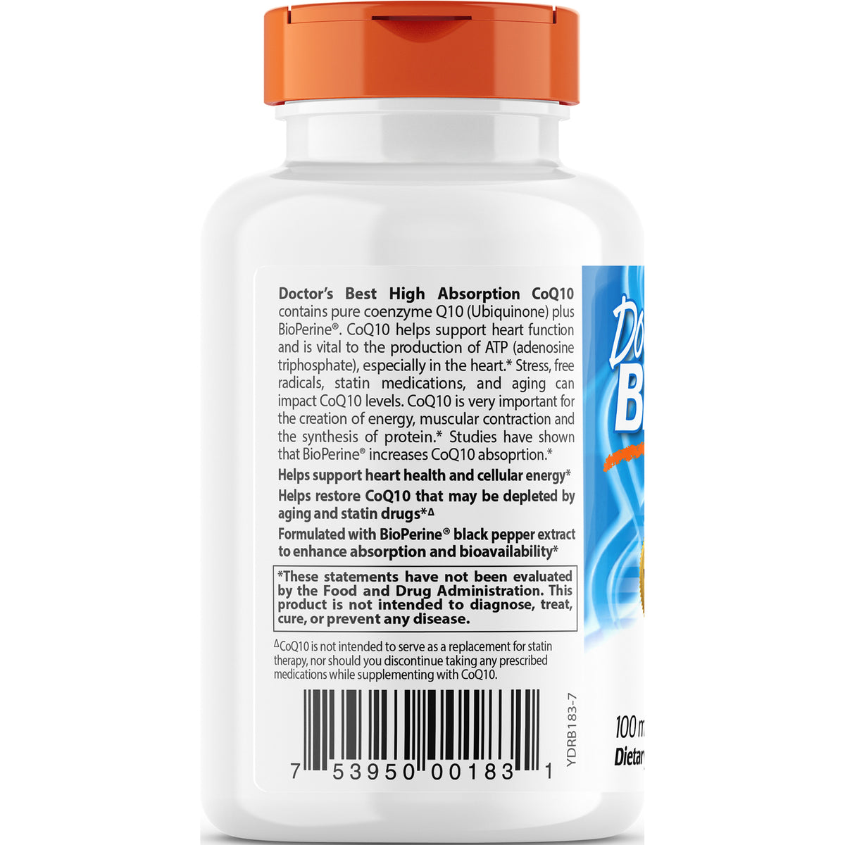 DB160 | back label of white supplement bottle showing Doctor's Best High Absorption CoQ10 description, warning box and barcode
