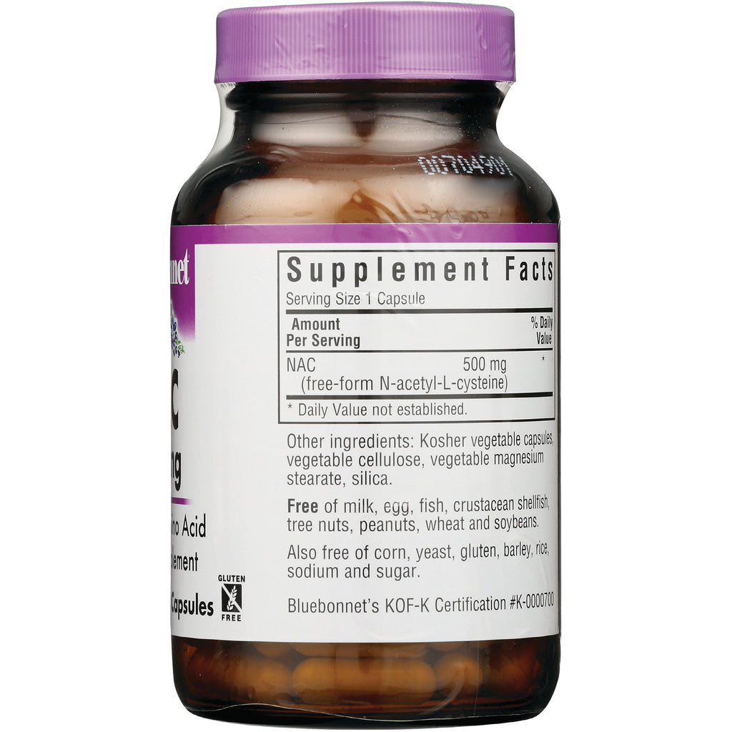 BLU103 | Back label of supplement bottle showing Supplement Facts panel with NAC 500 mg, ingredients, and allergen-free statements - Thumbnail