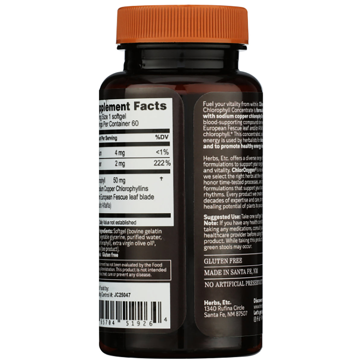HE102 | back label showing supplement facts, ChlorOxygen suggested use, side effects, and GLUTEN FREE note