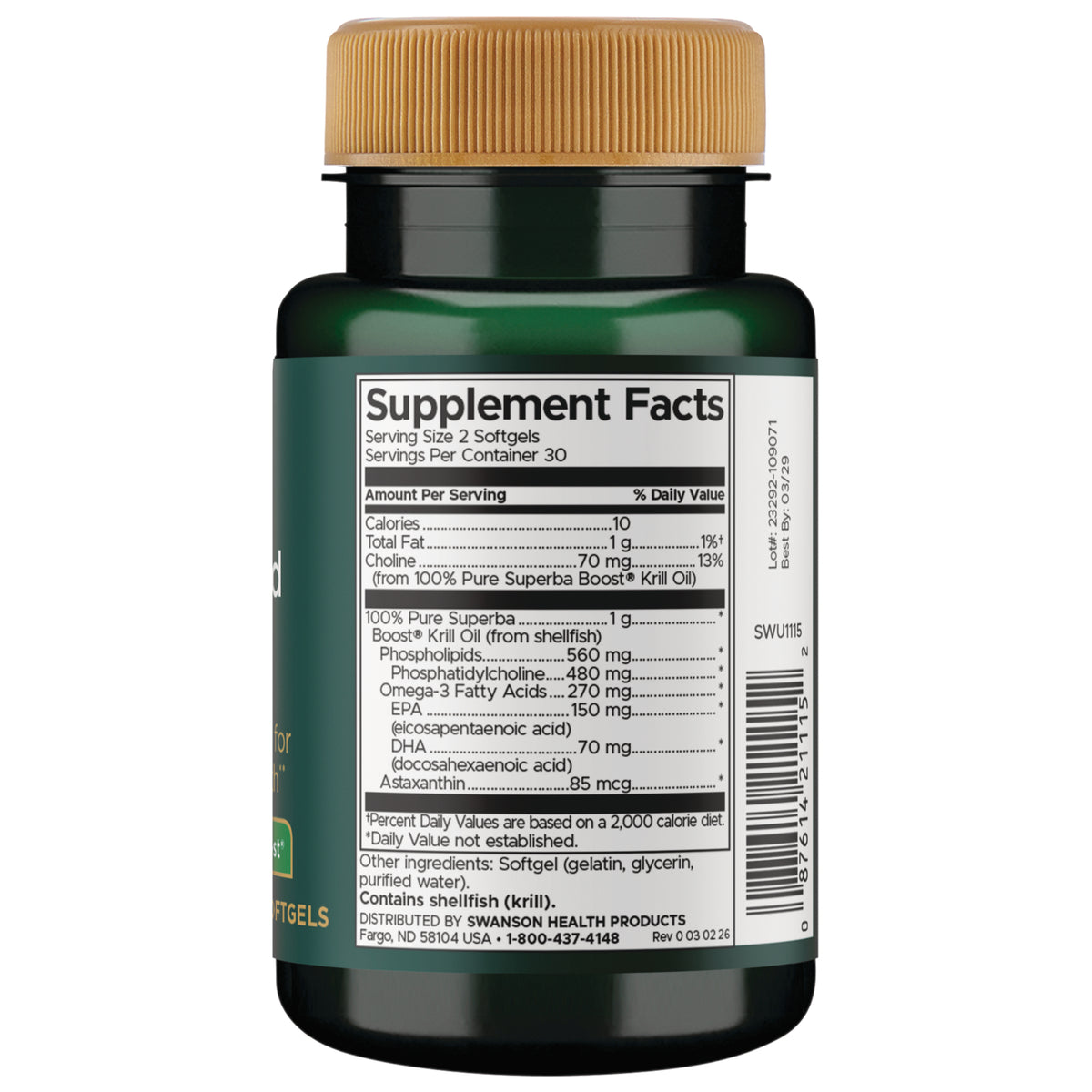 SWU1115 | Supplement Facts panel showing serving size, ingredients, lot code and barcode on green bottle