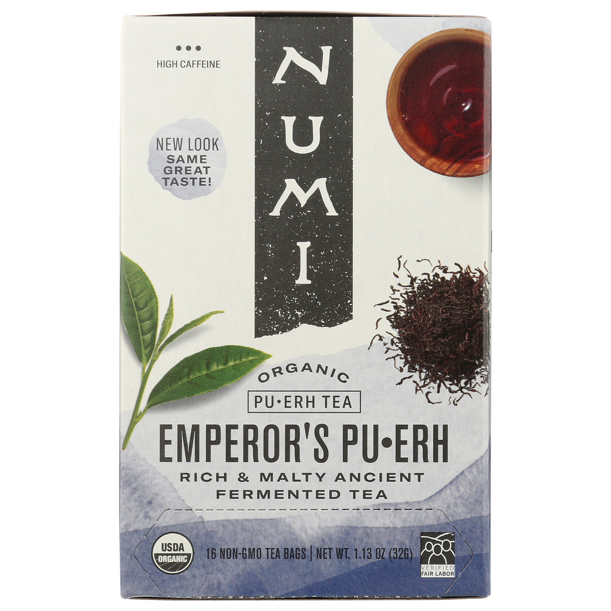 NUM007 | Front of Emperor's Pu-erh organic tea box with NUM logo, tea leaves, cup, and product name