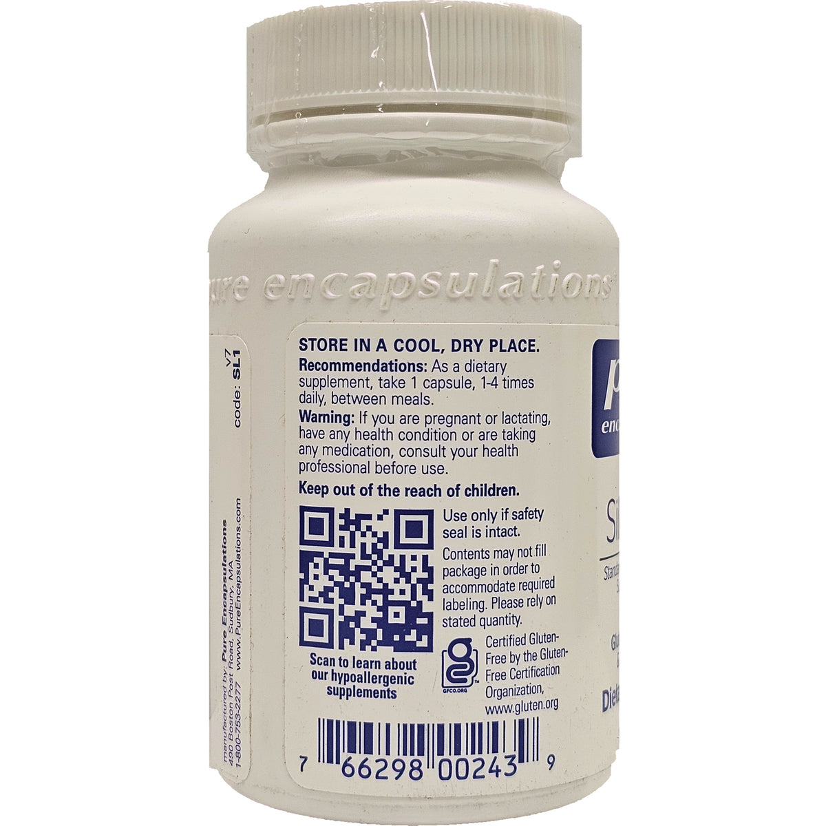 PRN117 | Back of white supplement bottle with storage instructions STORE IN A COOL, DRY PLACE, QR code, barcode and warnings