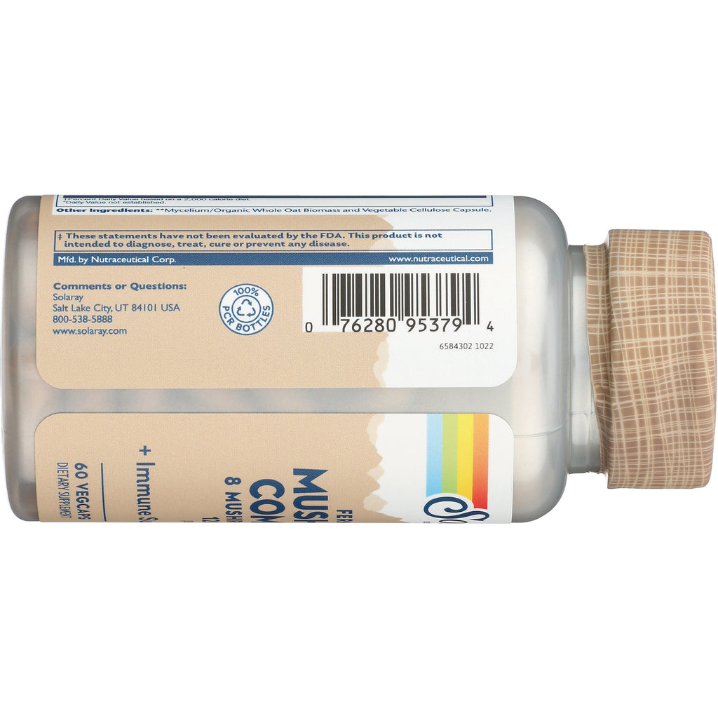 Back label with barcode and contact info on sideways supplement bottle with patterned cap - Thumbnail