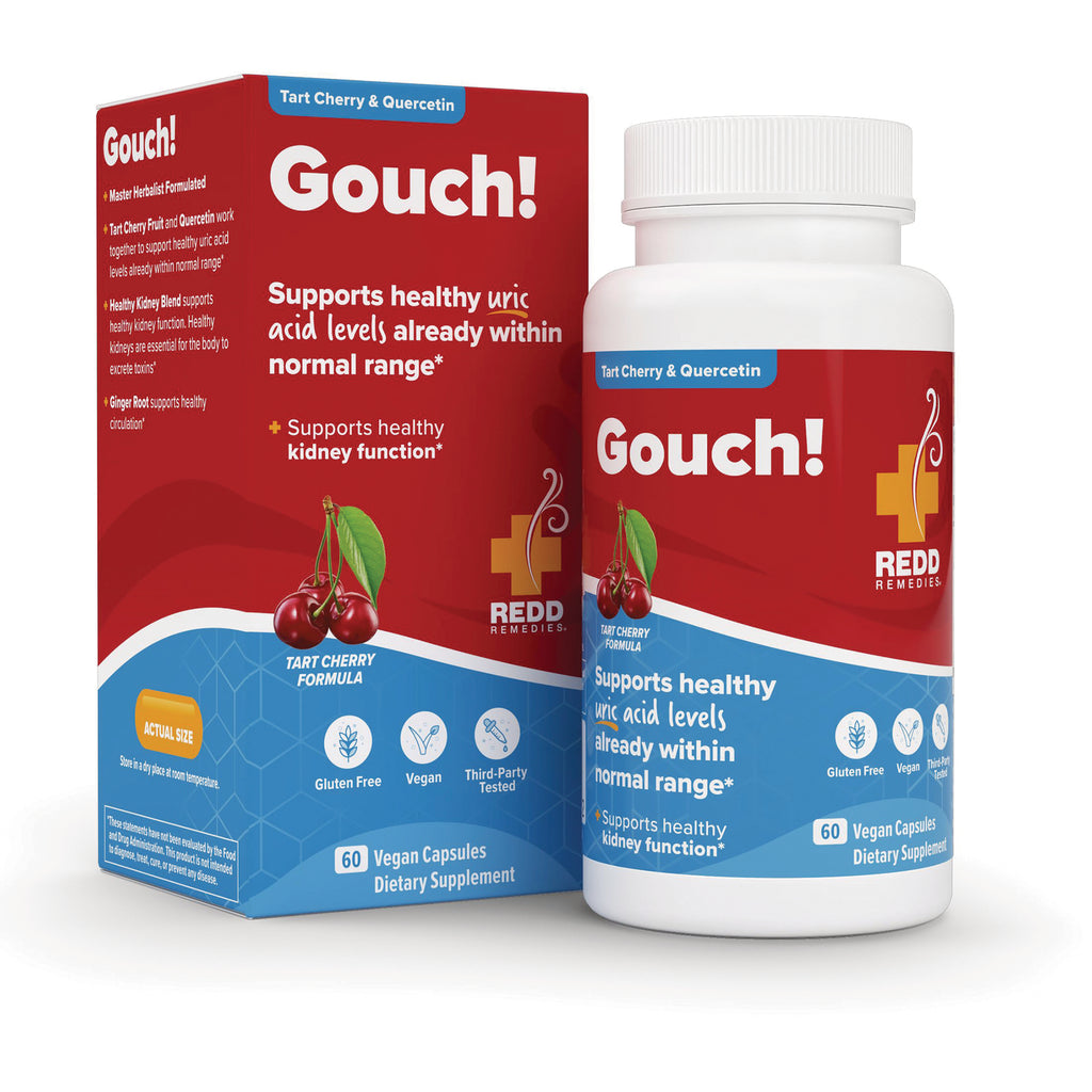 RED003 | Gouch! tart cherry supplement bottle and box, 60 vegan capsules, Redd Remedies - Thumbnail