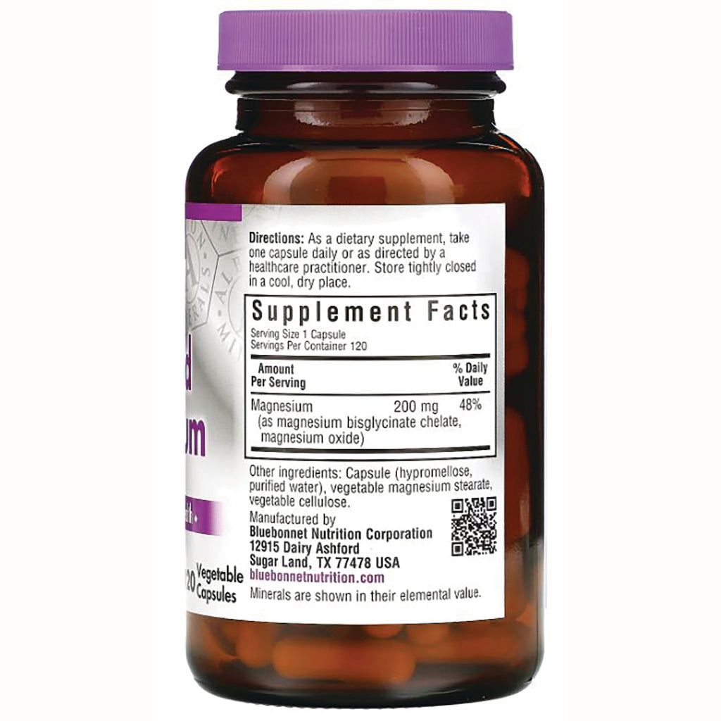 BLU058 | Back of amber supplement bottle showing Supplement Facts label listing magnesium 200 mg, directions and manufacturer Bluebonnet Nutrition - Thumbnail