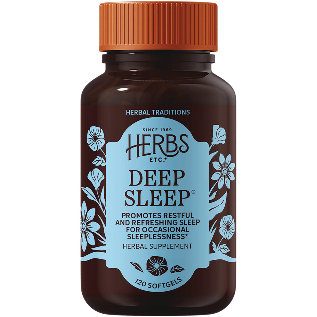 HE103 | Brown bottle with orange cap and blue label reading HERBS ETC DEEP SLEEP herbal supplement 120 softgels - Thumbnail