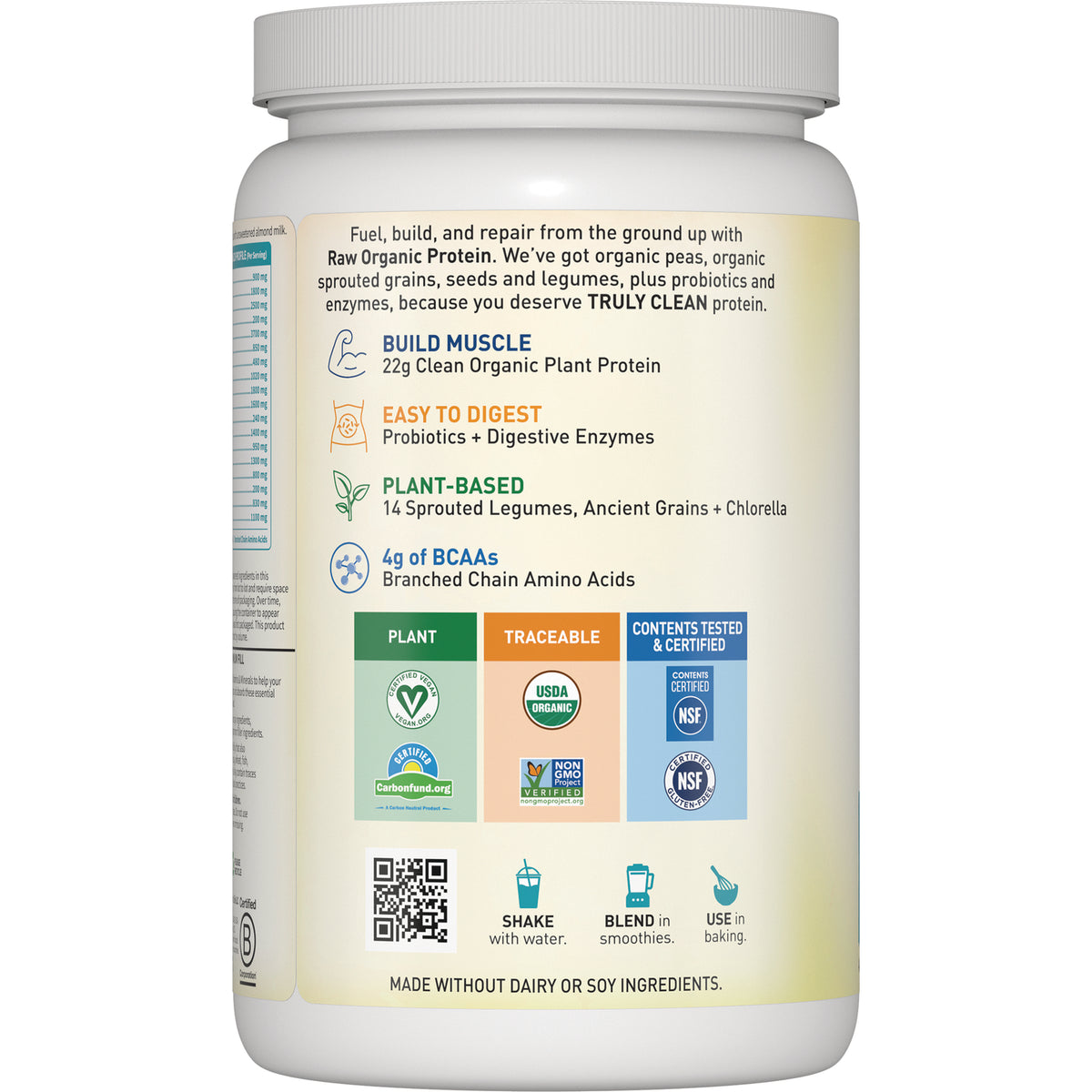 GLF062 | Back label of protein powder listing build muscle 22g plant protein, easy to digest, 4g BCAAs, certifications and shake/blend/use icons