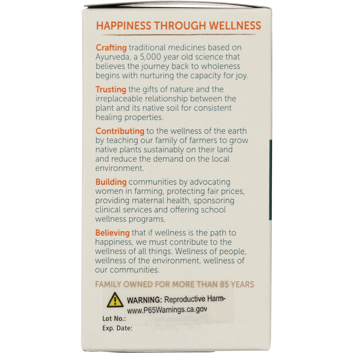 HHH003 | product panel titled HAPPINESS THROUGH WELLNESS with wellness statements and a Prop 65 warning